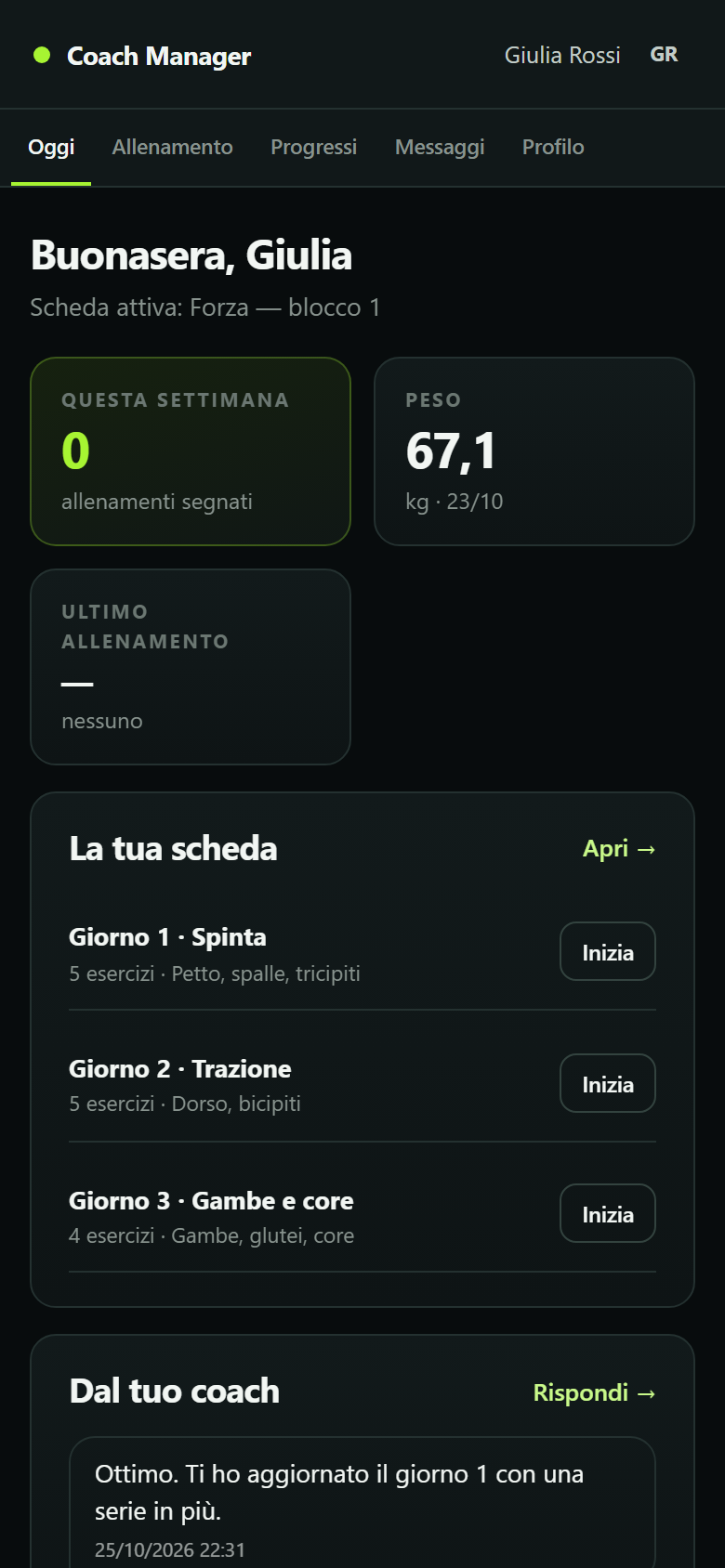 Coaching Manager sul telefono: l'area atleta con la scheda attiva e i messaggi del coach