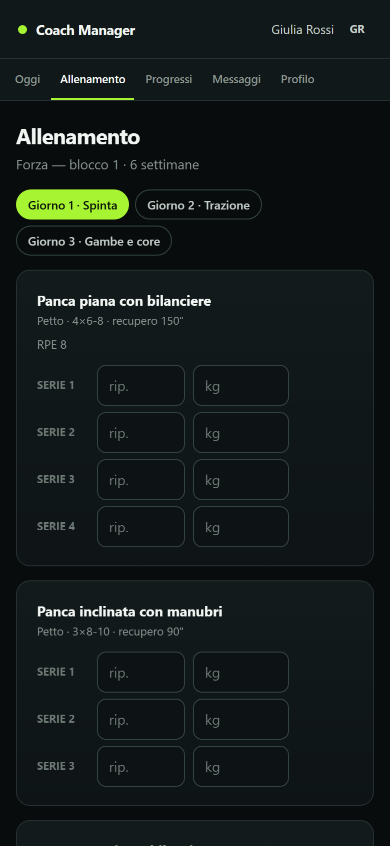 Coaching Manager sul telefono: la scheda del giorno con serie, ripetizioni e carichi